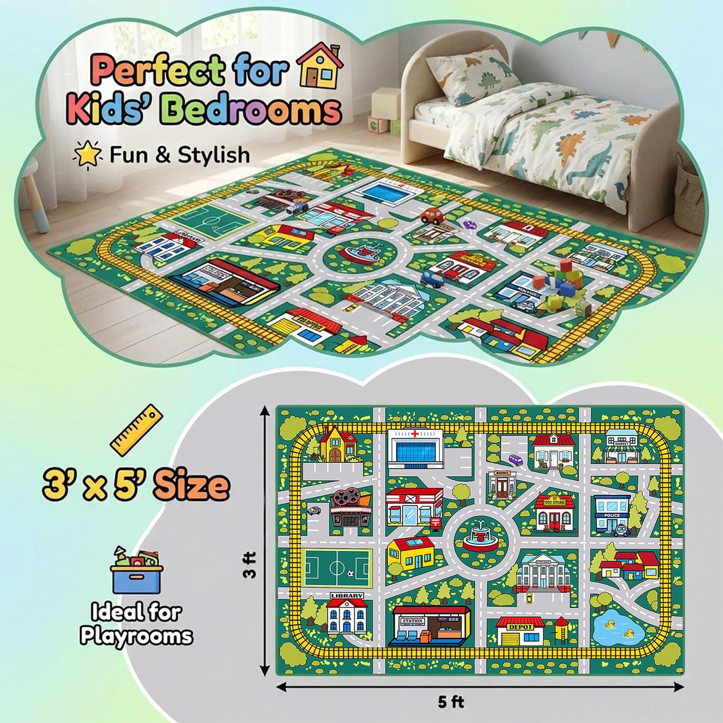 Plyra Kids Car Road Rug (3x5 Ft), Non-Slip City Traffic Play Mat for Toy Cars, Train Track Carpet for Kids Room, Educational Town Map with Police Station, Hospital & Cinema
