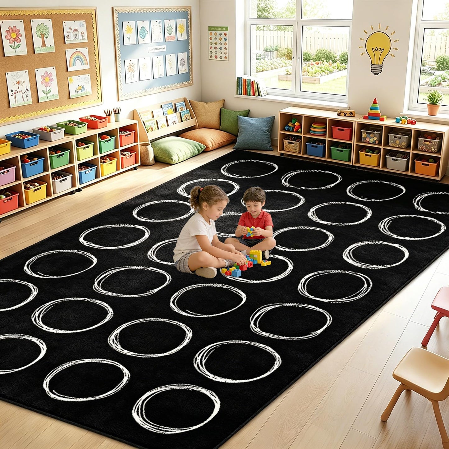 7.6x12 ft Large White Circles Abstract Classroom Rug Black and White Educational Area Mat Circle on Black Play Carpet Back to School Learning Mat for Preschool Playroom Nursery Kindergarten(Circles)