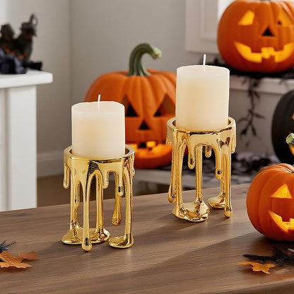 Decorative Candle Holders Set of 2 – Melting Drip Candle Stand for Pillar Candles – Sculptural Fireplace Decor, Gothic Table Centerpiece, Unique Home Accent(Gold, Set of 2)