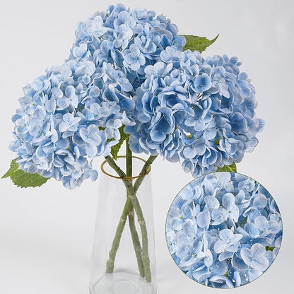 BonBloom's 3 Pcs Blue Faux Hydrangea Flowers 21 inches Hydrangea Artificial Flowers Latex Real Touch Flowers for Wedding Centerpieces Home Party Table Garden Outdoor Decoration