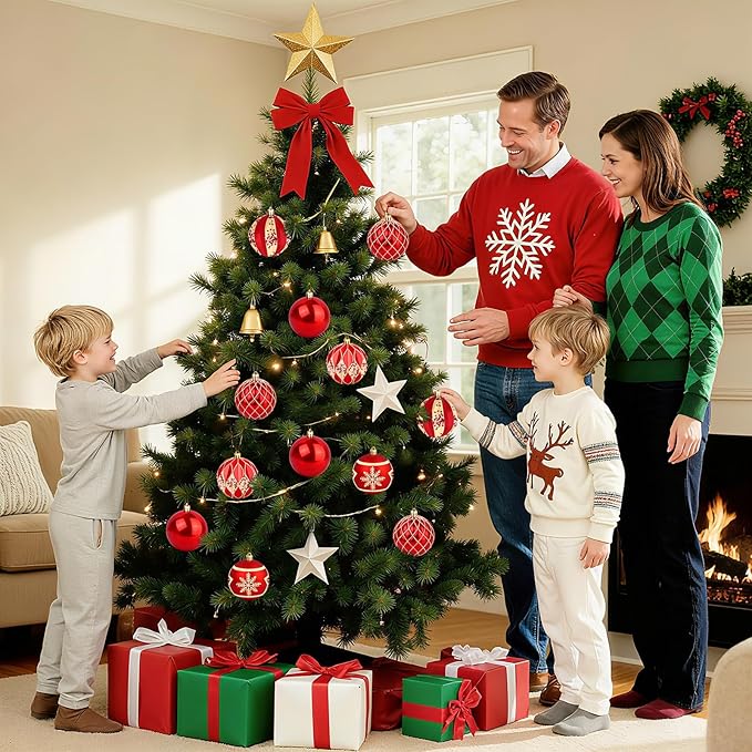 EveryMerry 12-Pack 3.1 Inch Christmas Ornaments Set - Red & Gold Ornament Balls with 5 Various Designs, Decorations with Strings, Sturdy, Kraft Box with Lid for Xmas Tree, Holiday Party & Home Decor