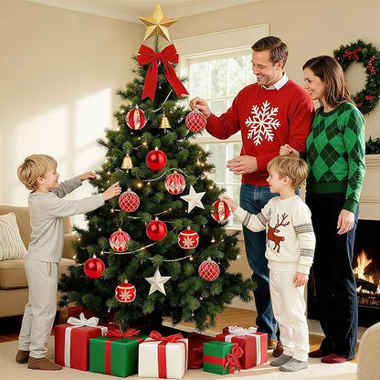 EveryMerry 12-Pack 3.1 Inch Christmas Ornaments Set - Red & Gold Ornament Balls with 5 Various Designs, Decorations with Strings, Sturdy, Kraft Box with Lid for Xmas Tree, Holiday Party & Home Decor