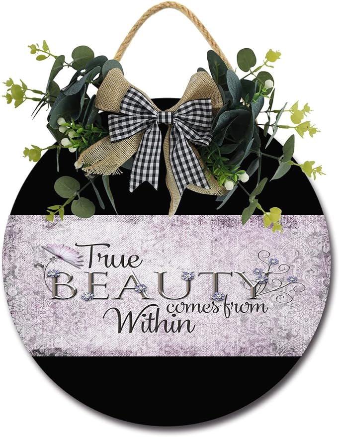 True Beauty Front Door Sign Funny Wreaths Hanging Wooden Plaque Decoration Round Rustic Wood Farmhouse Porch Decor for Home Front Door Decor, 11 x 11 Inch