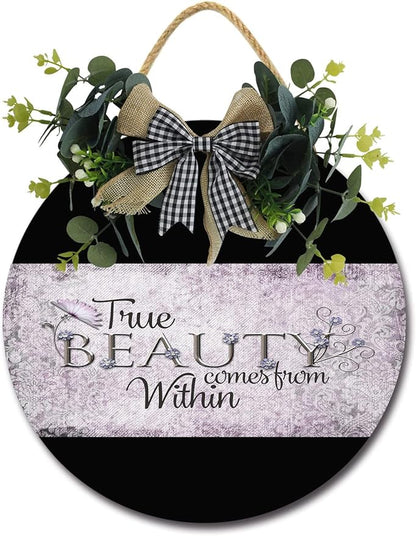 True Beauty Front Door Sign Funny Wreaths Hanging Wooden Plaque Decoration Round Rustic Wood Farmhouse Porch Decor for Home Front Door Decor, 12 x 12 Inch