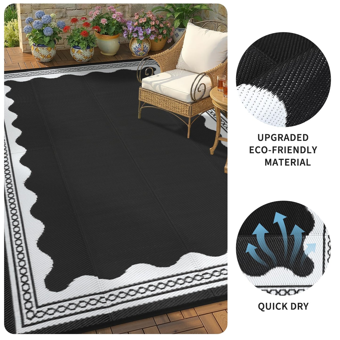 Garvee Outdoor Rug 8x10 Scalloped Waterproof Patio RV Outdoor Rugs Reversible Foldable Plastic Straw Rug Modern Camping Carpet for Deck Camper Porch Balcony Backyard Picnic Beach Black and White