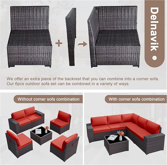Kurapika 9 Pieces Patio Furniture Set, Rattan Sofa Set, Outdoor Conversation Sets w/Swivel Rocking Chairs Patio Sectional Sofa w/4 Inch Cushion, Red