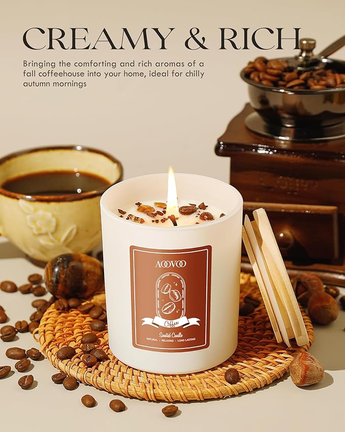 AOOVOO Macchiato Coffee Scented Candles for Women - Aromatherapy Candle with Crystals Inside, 10oz, 60H Burning Time, Soy Candles for Home Scented, Birthday Gifts Christmas Candle for Women Mom