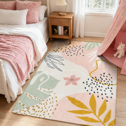 Lahome Pink Boho Nursery Rug 4x6, Washable Non Slip Soft Botanical Area Rug for Girls Bedroom Kids Room Playroom Dorm Apartment Decor