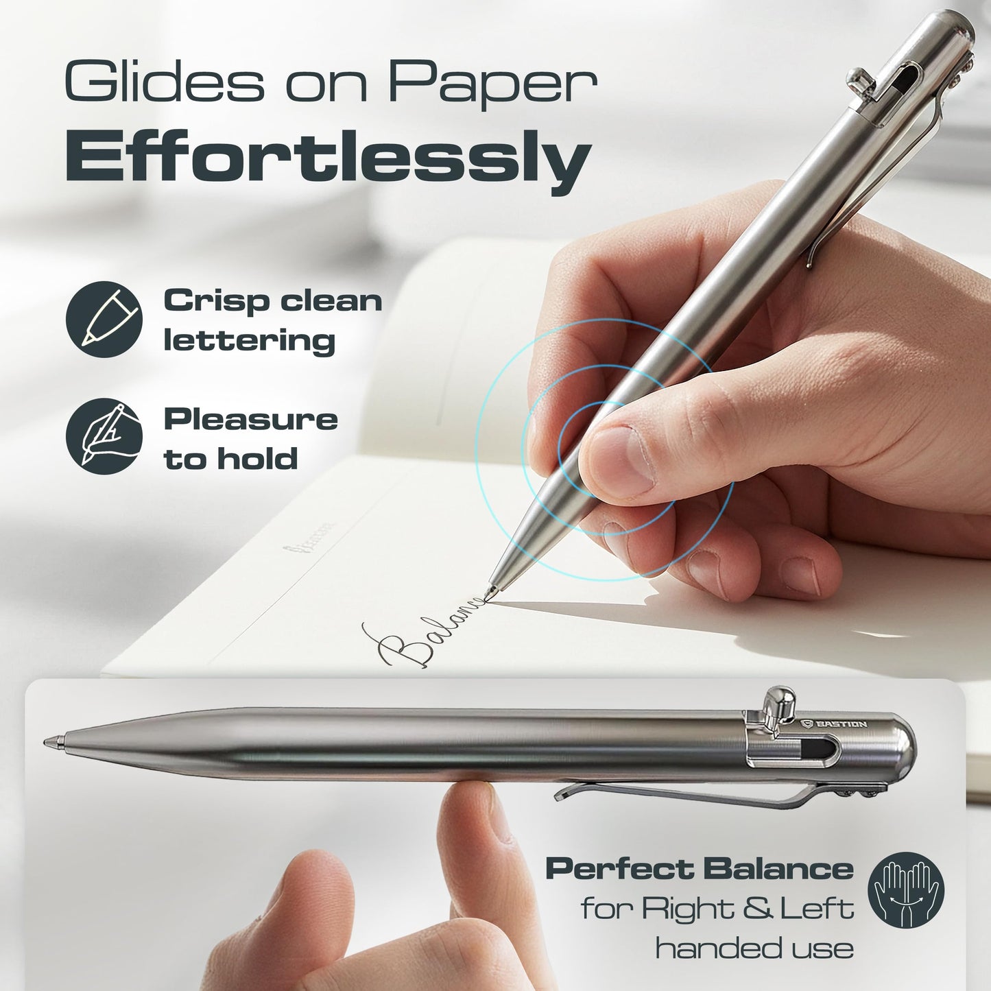 BASTION Luxury Executive Bolt-Action Ballpoint Pen for Men & Women | Ink Refillable Retractable Office Business Writing Pen | Glass Breaker Metal Self-Defense EDC (Stainless Steel)