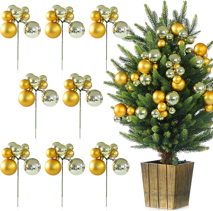8 Pcs Champagne Gold Christmas Tree Picks 7.87 Inch Matte Glossy Satin Gold Christmas Ball Ornaments for Xmas Tree Topper DIY Wreaths Holiday Floral Vase Fillers Craft and Home Decoration