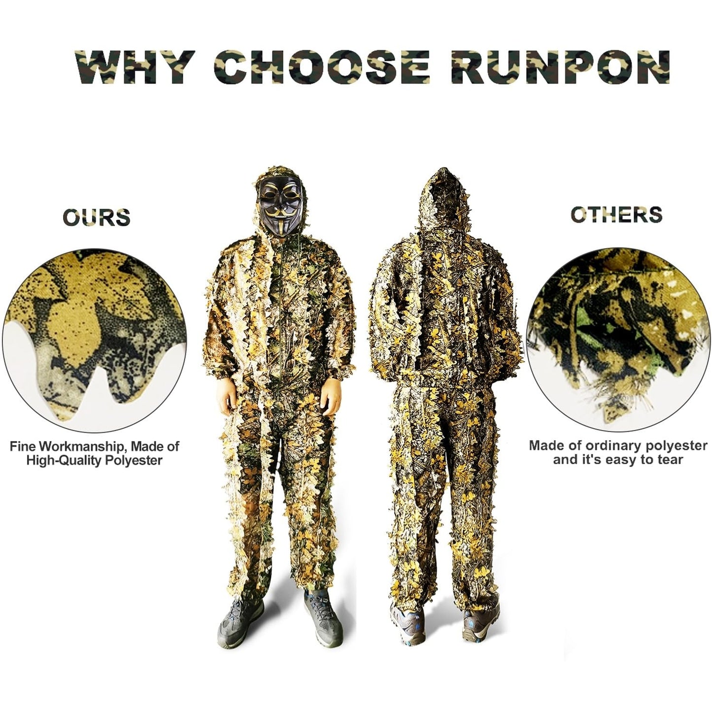 Ghillie Suit Outdoor Leafy Suit for Hunting Super Lightweight Hooded Camouflage Including Clothes Gloves Face Mask and Bag
