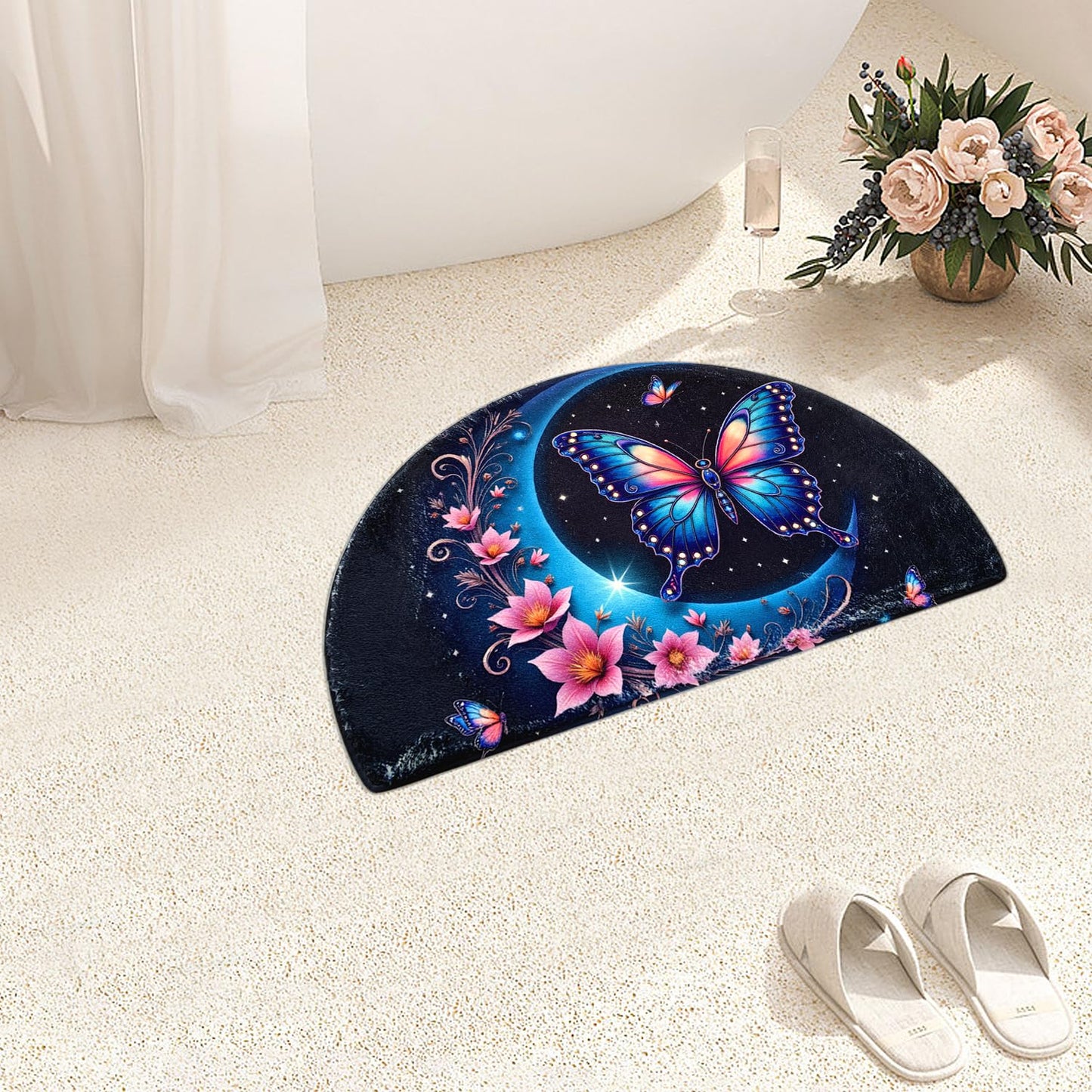Boho Half Round Butterfly BathMat Doormat Outdoor Rug Non-Slip Bath Rugs Semi Circle Flower Bathroom Door Mat Cool Welcome Mats Decor Floral Style Mats (Moon)