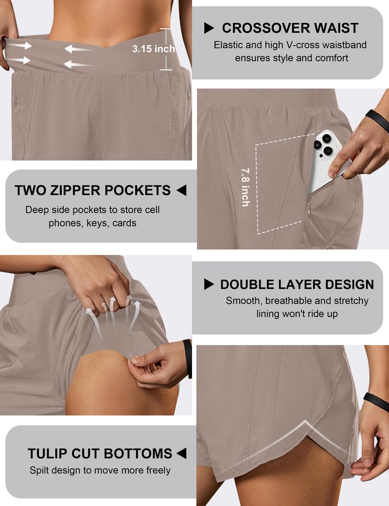 Blooming Jelly Women's Workout Shorts Athletic Running Casual Summer Quick Dry Gym Active Shorts with Zipper Pocket (Khaki,Large)