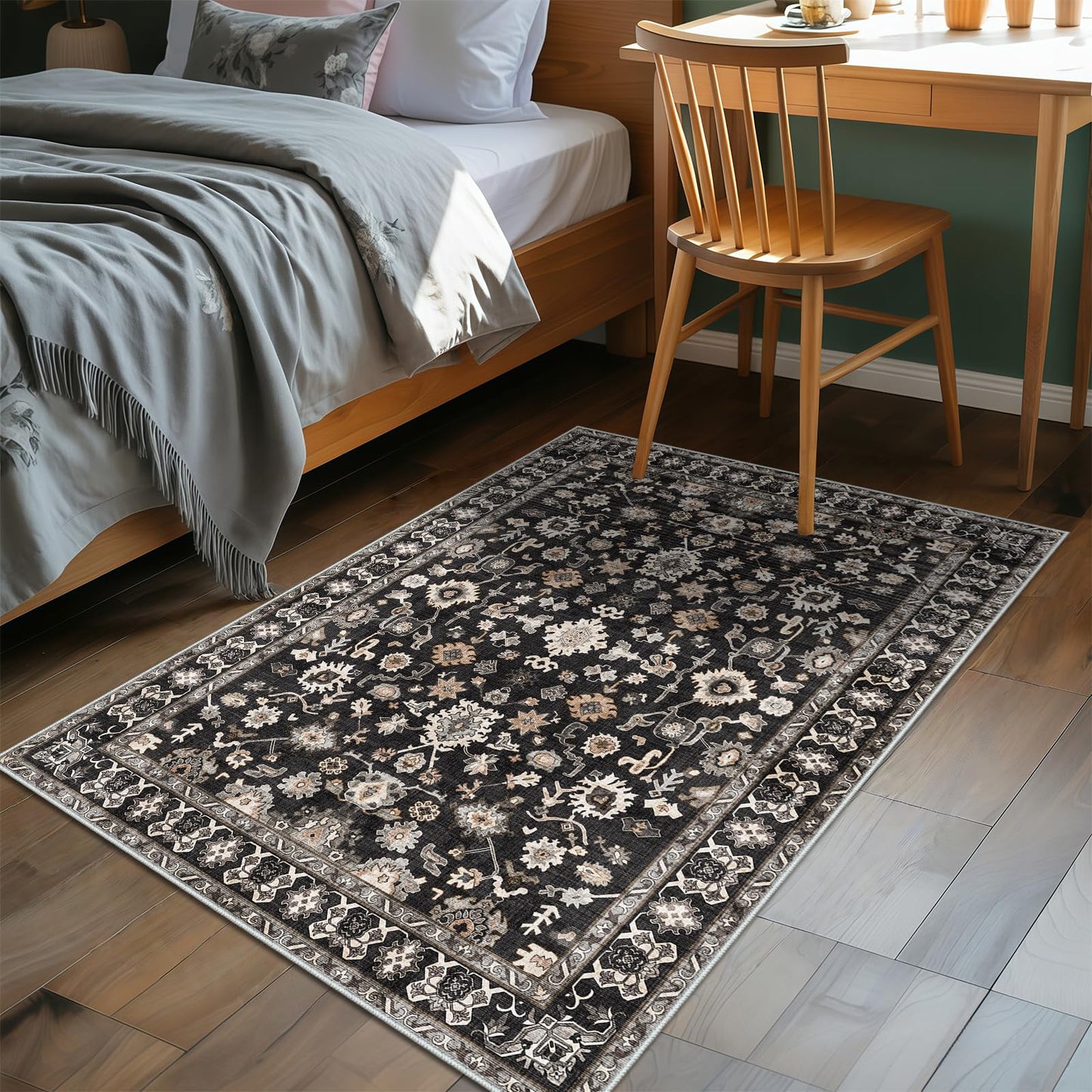 Washable 2x3 Area Rug for Entry Bathroom Kitchen Bedroom Carpet - Indoor Soft Non Slip Low Pile Throw Small Door mat - Protect Hardwood and Laminate Flooring Floral Farmhouse Decor 2x3 Black