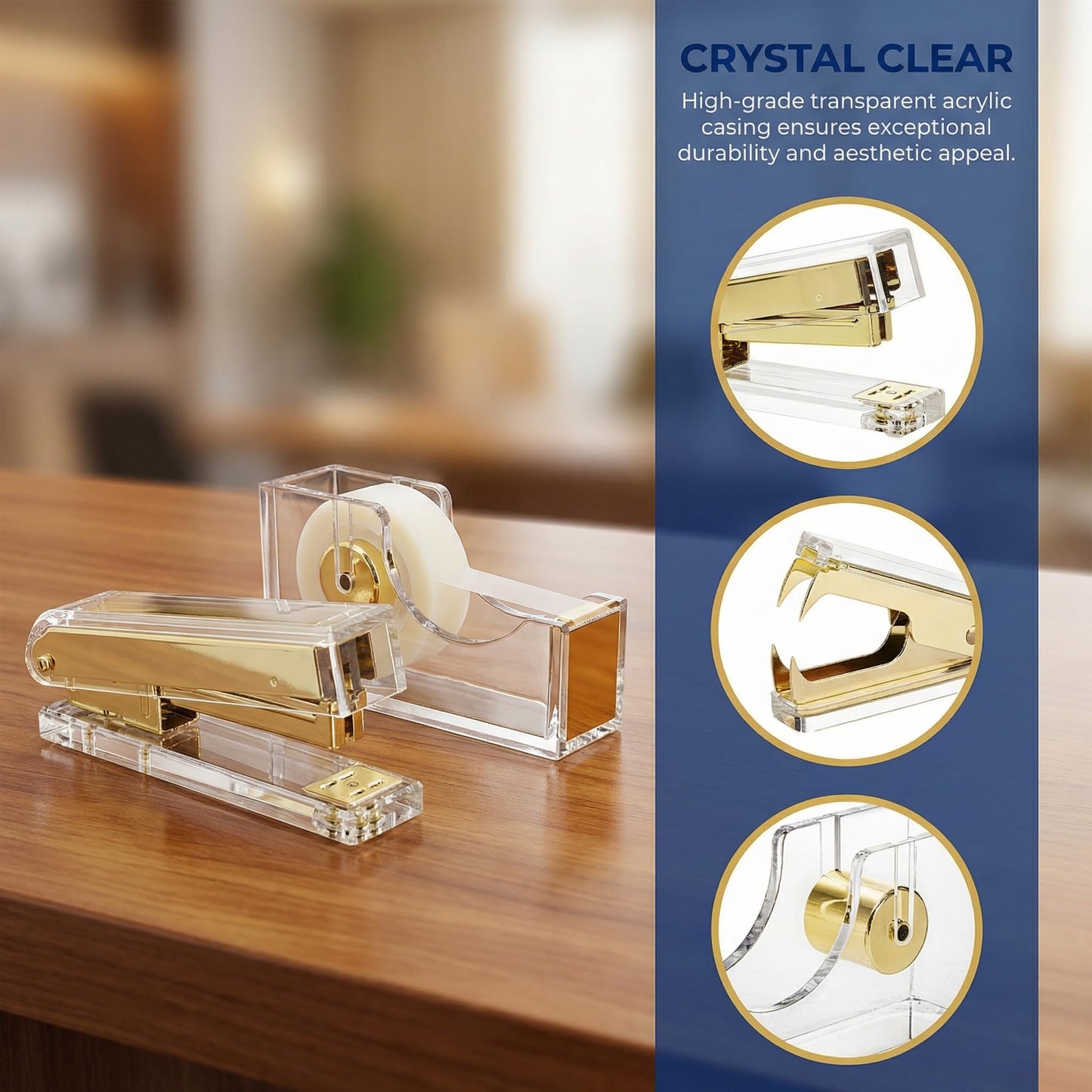 Hiceeden Acrylic Gold Stapler and Tape Dispenser Set, Desk Accessories Office Supplies Includes Tape, Staple Remover and 1000pcs 24/6 Staples, Modern Cute Stapler Set for Desk