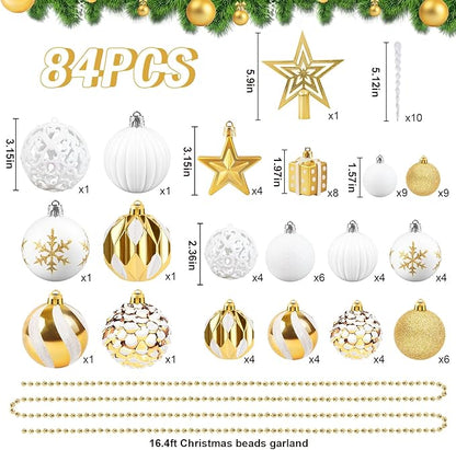Ouddy Decor 84 Pcs Christmas Tree Ornaments Set, Gold and White Christmas Decorations Shatterproof Plastic Glittery Baubles for Wreath Garland Wedding Party Holiday New Year Home Decor, Gold & White