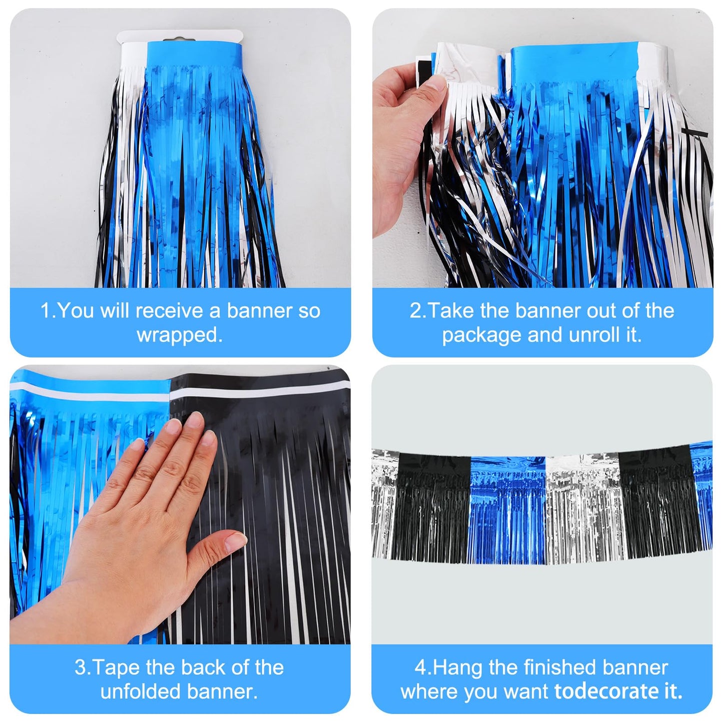 BEISHIDA 3 Packs Metallic Foil Fringe Garland Black Blue Silver Wall Hanging Tinsel Fringe Banners for Car Floats Bridal Shower Wedding Birthday Graduation Holiday Party Decoration(30 Feet)