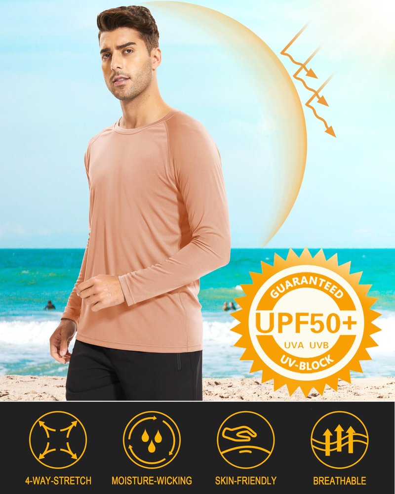 Rashguard Shirts for Men Long Sleeve Sun Protection Shirts Athletic T-Shirt Cycling Outdoor Fishing Hiking Shirts Apricot