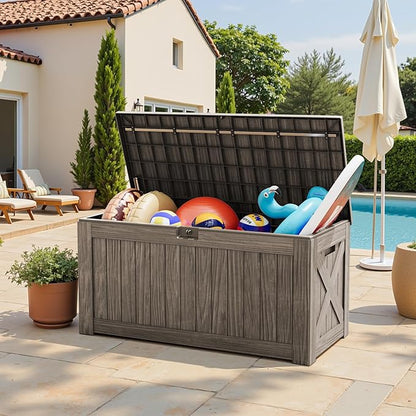 Greesum 120 Gallon Outdoor Storage Box with Lock - Large Resin Deck Box, Reinforced Lid for Garden, Patio, Lawn, Coffee