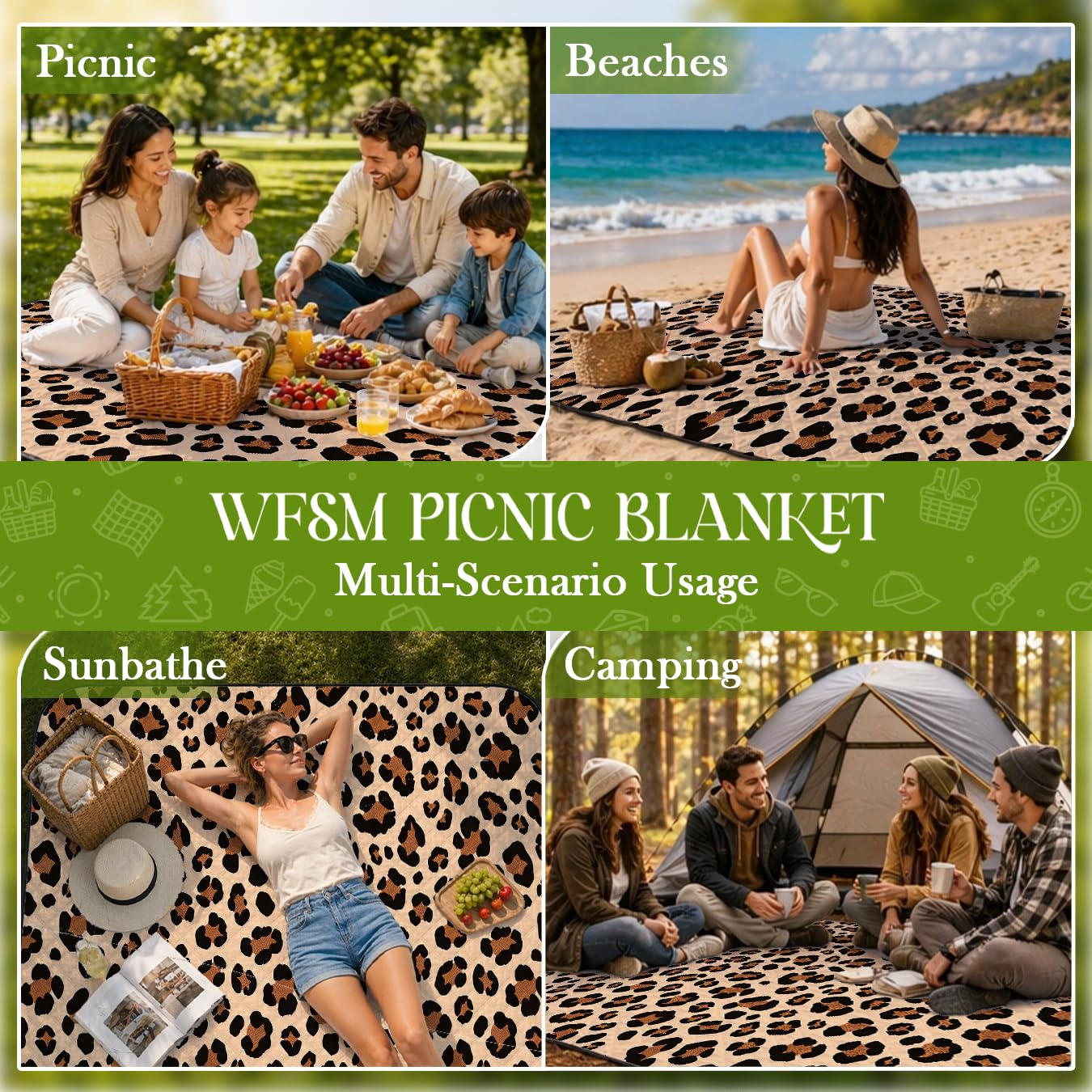 WFSM Leopard Print Picnic Mat 80x60 Inch, Leopard Print for Women, Cheetah Outdoor Play Mat for Adults and Toddlers Waterproof Sandproof Beach Blanket Travel Camping Rug