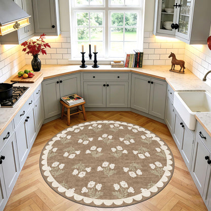 Othilic Tan Entryway Round Rug 4ft - Washable Boho Floral Neutral Farmhouse Scalloped Round Area Rug for Bedroom Non Slip Stain Resistant Circle Rugs for Living Room Kitchen Entryway Bathroom Nursery
