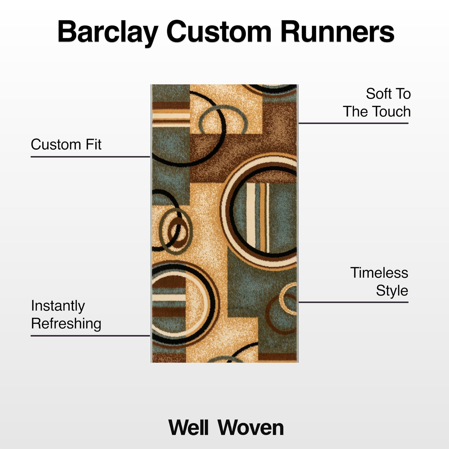 Well Woven Custom Size Hallway Stair Runner- Choose Length - Deco Rings Light Blue Geometric Modern 26 Inch Wide x 8 Feet Long Runner (26" x 8') Abstract Color Block Carpet