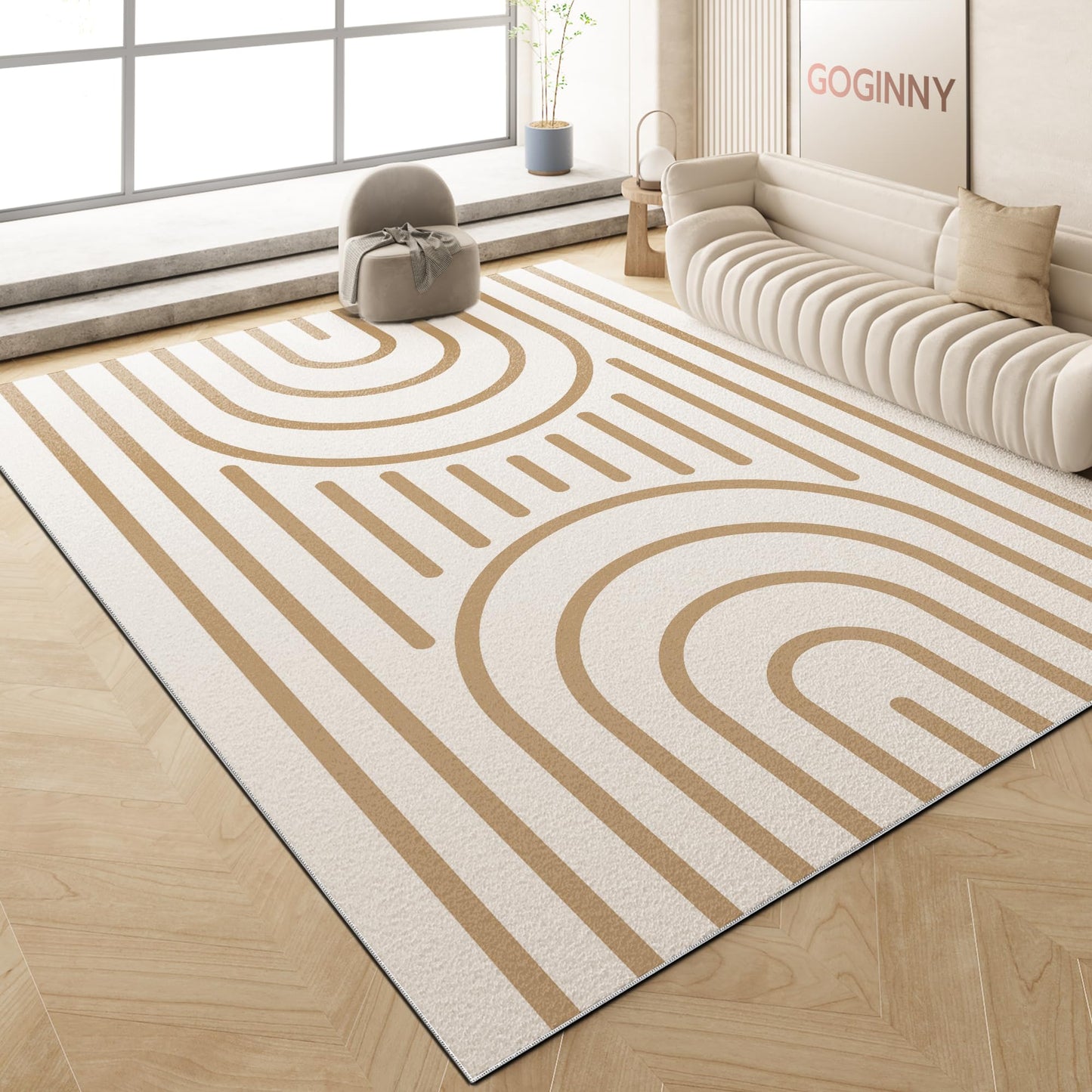 Washable 5x7 Modern Area Rug for Living Room, Tan White Minimalist Artistic Abstract Large Rug, Ultra Thin Low Pile Lightweight Soft Indoor Floor Carpet with Nonslip Backing for Bedroom Kids Play Room