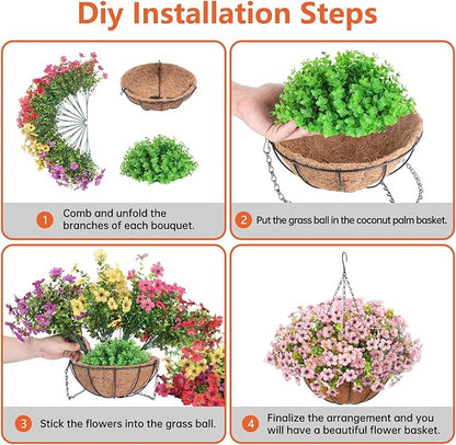 Artificial Hanging Faux Flowers Basket, Fake Silk Daisy Eucalyptus Plants Arrangement,for Spring Summer Outdoor Decoration,UV Resistant, Coconut Planter,Look Real for Home Garden Décor (Pink)
