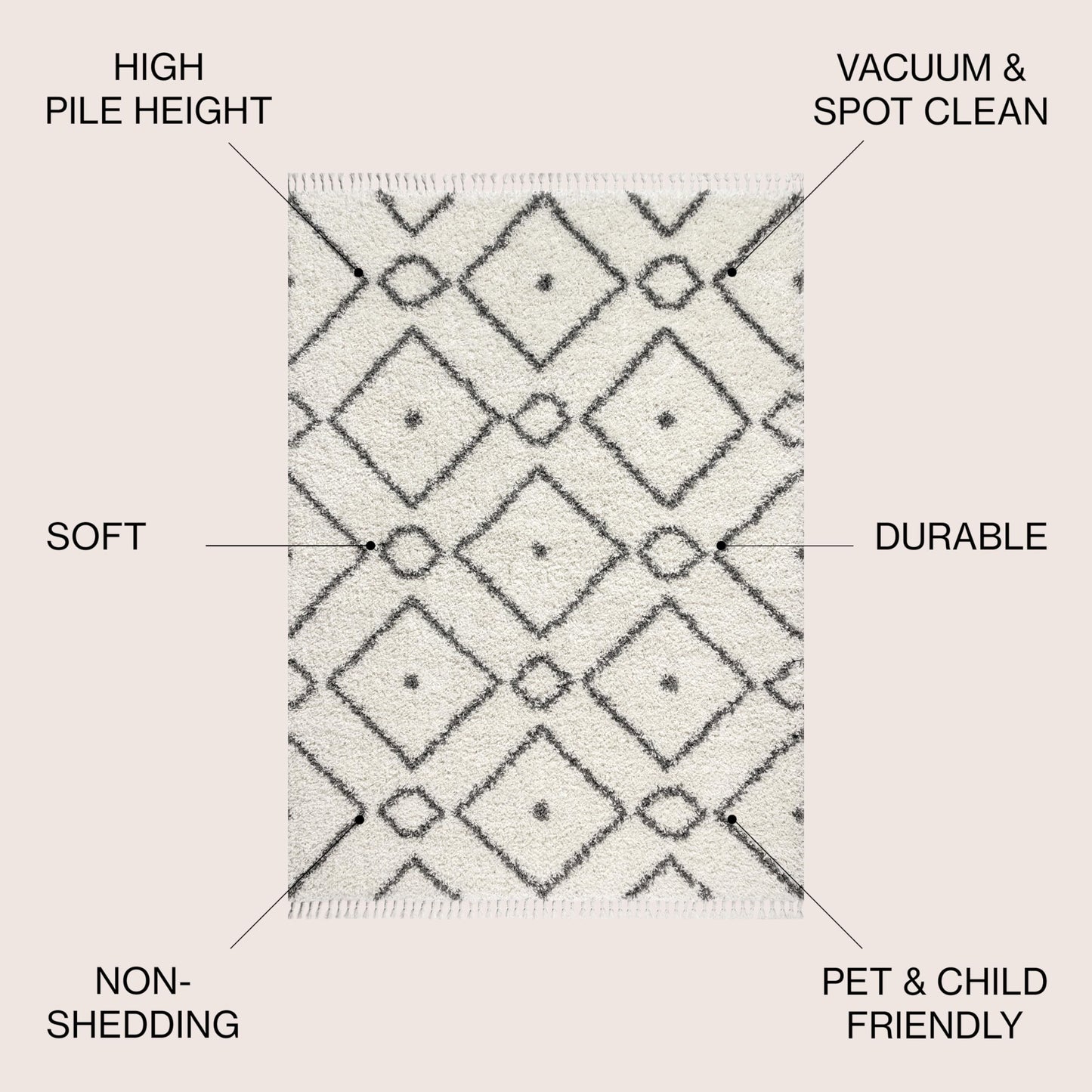 JONATHAN Y Mercer Shag Plush Tassel Diamond Cream/Gray Indoor Area Rug, 3x5, Moroccan, Bohemian, Geometric, Easy-Cleaning for Living Room, Bedroom, Kitchen, Non-Shedding (MCR105B-3)