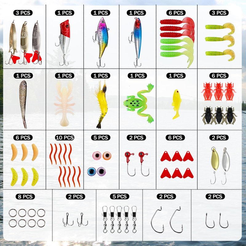Balifly Bass Fishing Lures Kit Freshwater Fishing Tackle Set Include Topwater Lures Spoon Lures Soft Plastic Baits Hooks Snap Swivels for Freshwater Saltwater Fishing Started Kit FS/TZ-02(77pcs)