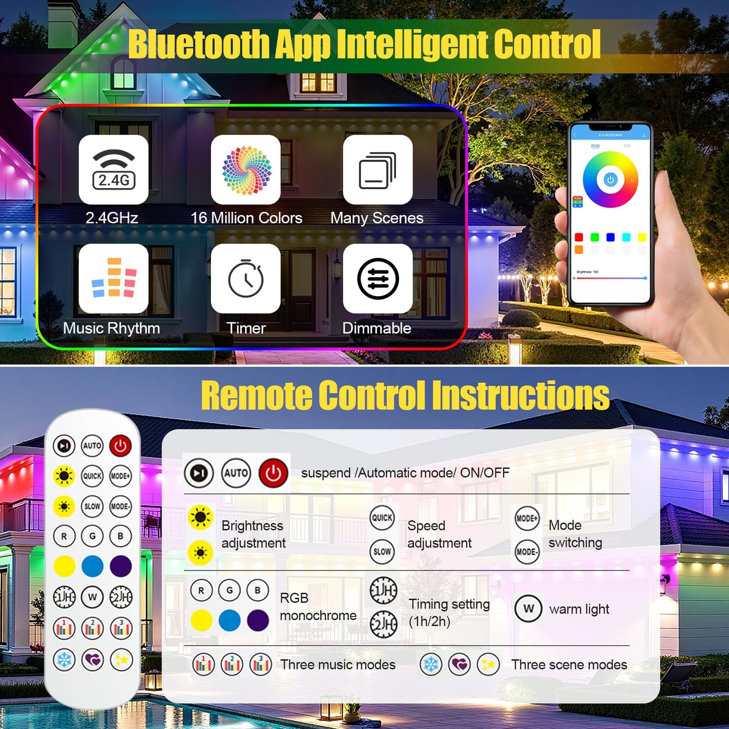100ft Permanent Outdoor Lights, RGB+IC IP67 Waterproof Smart LED Lights with App/Remote for Daily, Christmas, New Year, Halloween, Holiday, Party Decor, Valentine's Day Christmas Lights Outdoor