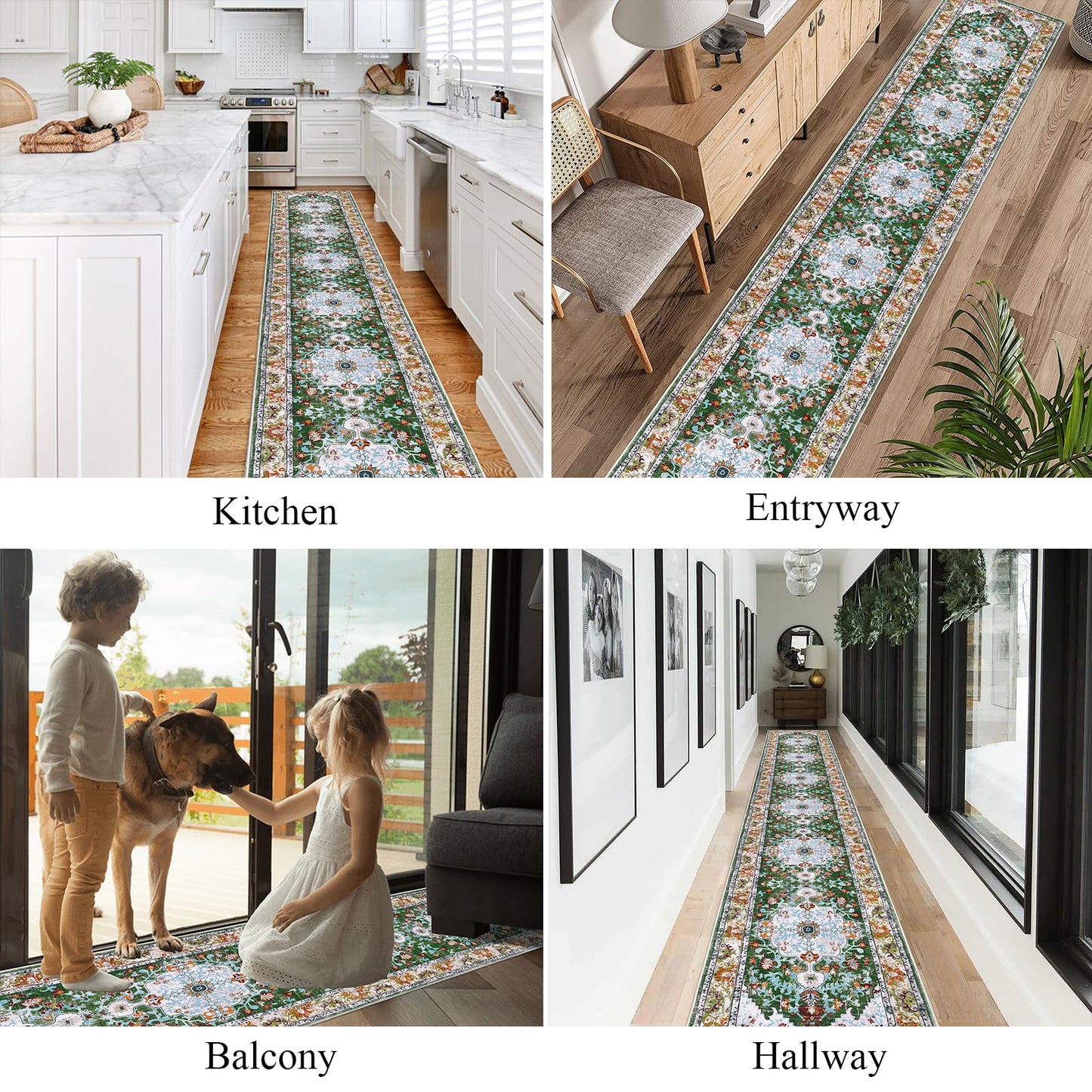 U'Artlines 2' x 14' Long Boho Hallway Runner Rug, Non Slip Washable Vintage Farmhouse Accent Area Rug Carpet for Kitchen Entryway Laundry and Living Room Green
