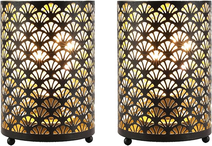 TRIROCKS Set of 2 Battery Operated Lamp 6.5'' Tall Metal Cordless Table Lamp Bronze Lanterns with Warm Fairy Lights Bulb for Patio Garden Wedding Parties Indoor Outdoor(Scalloped Hollow Pattern)