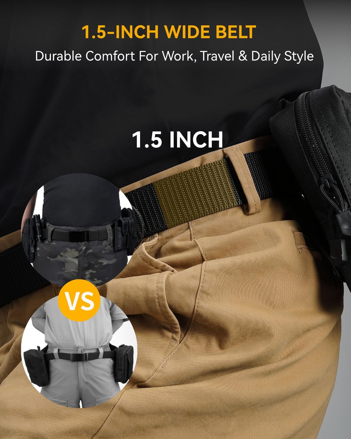 CHAOREN 1.5" Nylon Ratchet Belts for Men - Black Adjustable Casual Work Belt with Slide Buckle - Trim to Fit