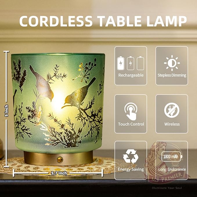 Cordless Rechargeable Table Lamp, Glass USB-C Decorative Small Accent Lamps for Entryway/Stairway/Bathroom/Corner, Touch Control Dimmable Battery Operated Lamp, Emergency Lamps for Power Outage