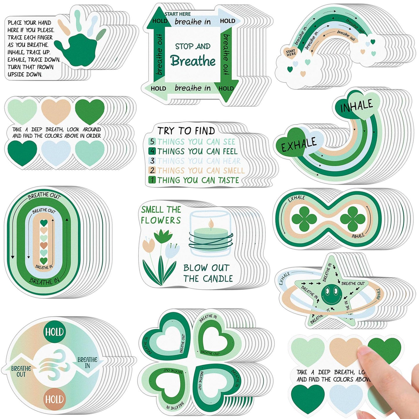 Fulmoon 120 Pcs Anxiety Sensory Stickers, Textured Tactile Rough Fidgets for Mental Health, Autism & ADHD, Mindfulness Breathing Decals for Stress Relief, Classroom Desk Tools(Green)