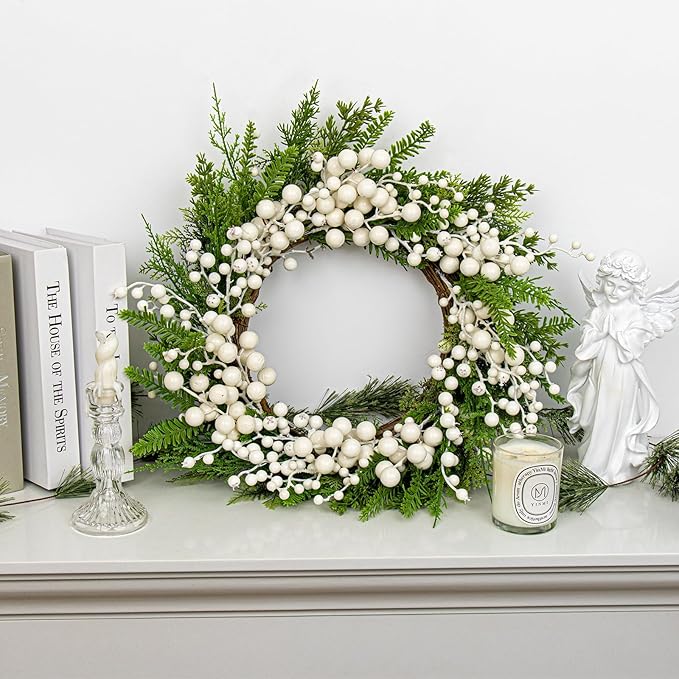 FloralElegance Artificial Winter Wreath 20 Inch White Berry Wreath Winter Wreaths for Front Door with Holly Berries for Xmas Winter Holidays