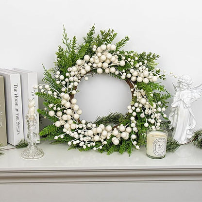 FloralElegance Artificial Winter Wreath 20 Inch White Berry Wreath Winter Wreaths for Front Door with Holly Berries for Xmas Winter Holidays