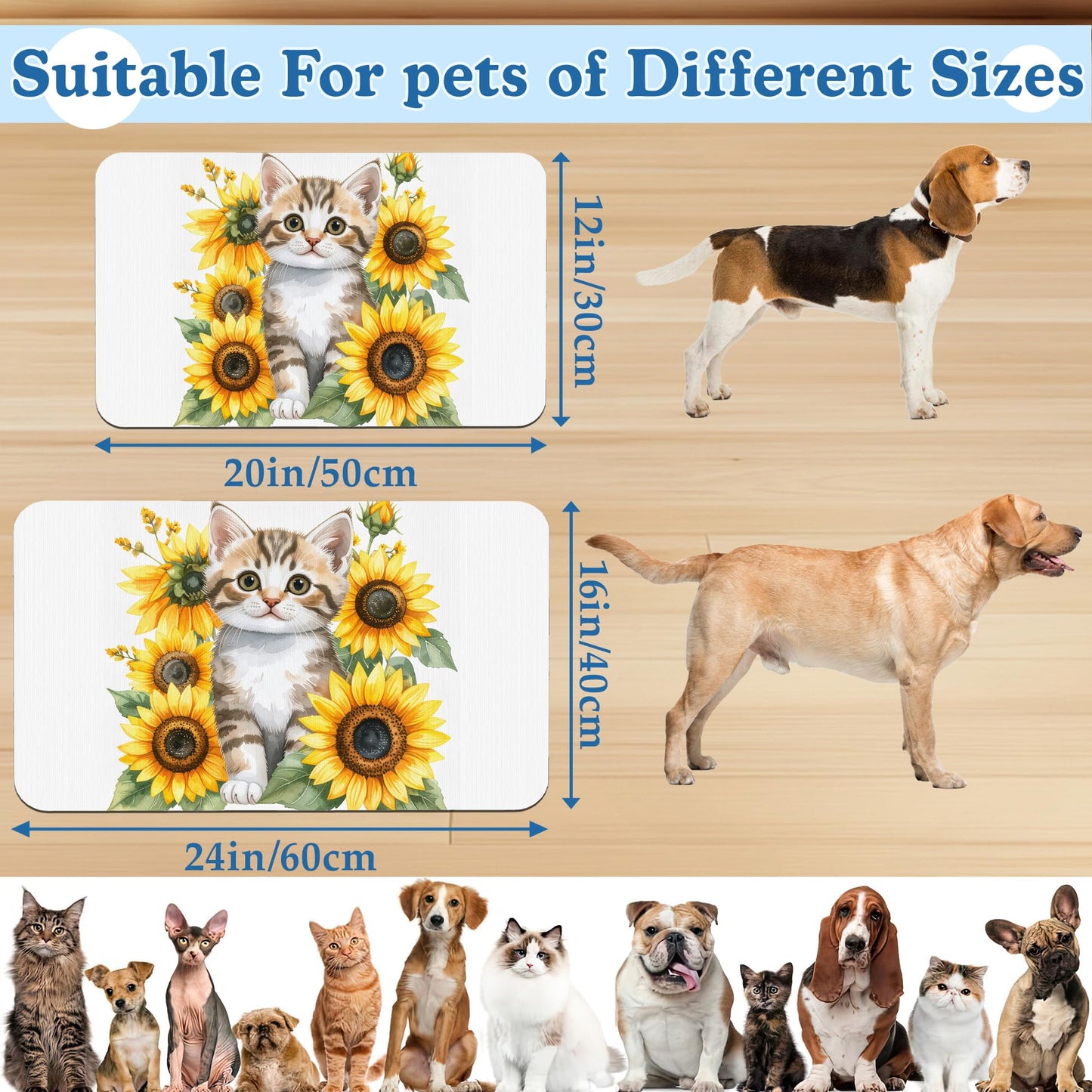 Cute Cat Sunflower Pet Feeding Mat for Floors–Absorbent Quick Dry Dog Cat Bowl Mat for Food and Water, Non Slip Waterproof Base, Mess-Free Feeding Accessories 12"x20"