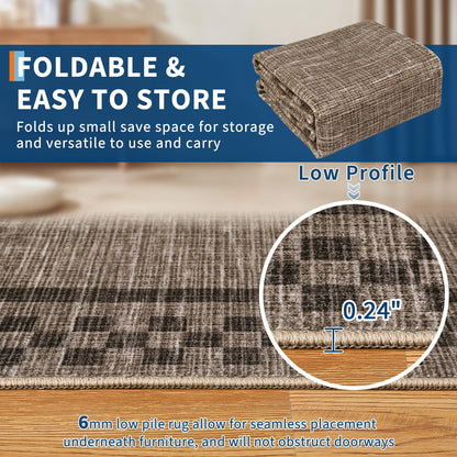 GarveeHome Machine Washable 5x7 Area Rugs Modern Bordered Living Room Rug Non Slip Checkered Geometric Bedroom Throw Carpet Soft Boho Rugs for Dining Room Nursery Home Office, Brown
