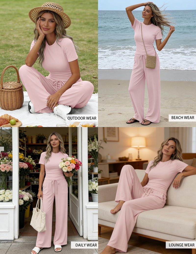 Flevita Womens 2 Pcs Sets Summer Travel Outfits T-shirts and 31" Wide Leg Pants Comfortable Airport Lounge Wear Set with Pockets Pink M