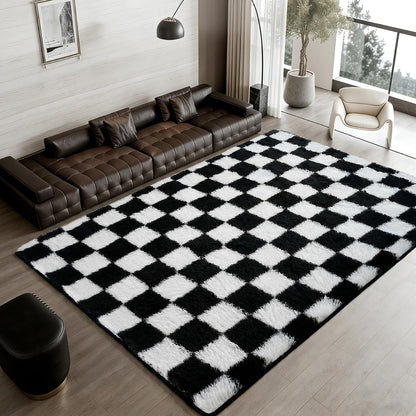 ThreadGlobe Checkered Shag Area Rug 4'x6', Black and White Plush Rug for Living Room, Non-Slip Soft Carpet for Bedroom Nursery, Modern Floor Decor with Grid Pattern, 4x6