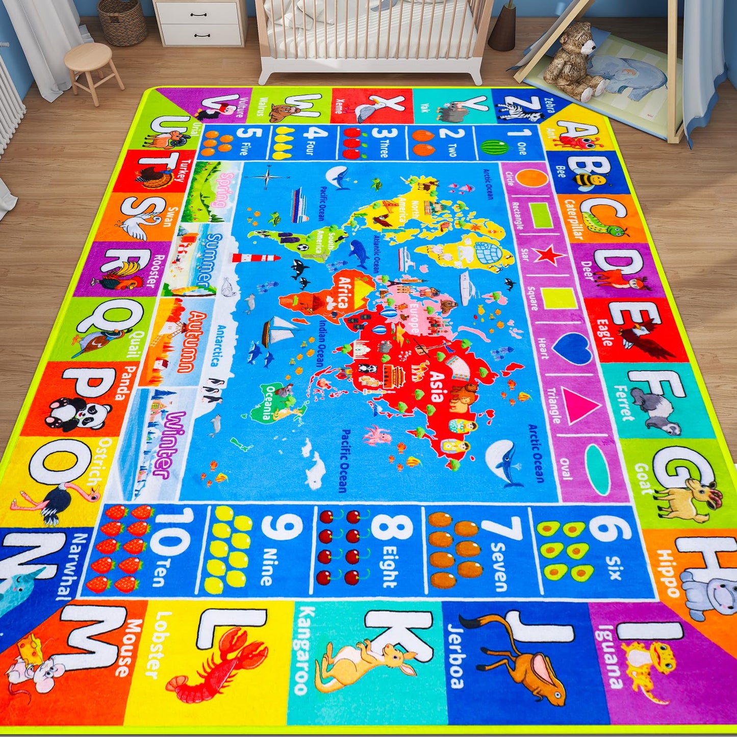 Large Educational Kids Learning Rug with World Map & ABC Alphabet, Interactive Geography Play Carpet for Preschool Classroom Nursery & Homeschool, Non-Slip Activity Rug, 6'7" x 9'2"