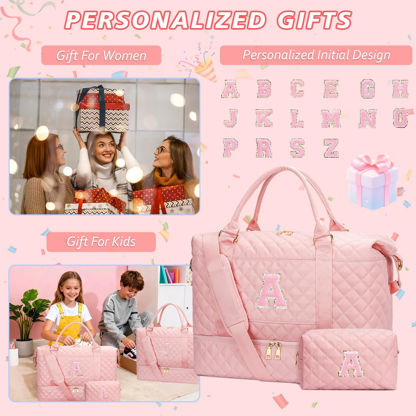 CLOUDWINGS Graduation Gift for Her Women Gift-Birthday Gifts Initial Travel Duffle Bag Quilted Weekender Carry-On Overnight with Cosmetic Bag, Gym Bag with Shoe Compartment Personalized Bag, Pink A