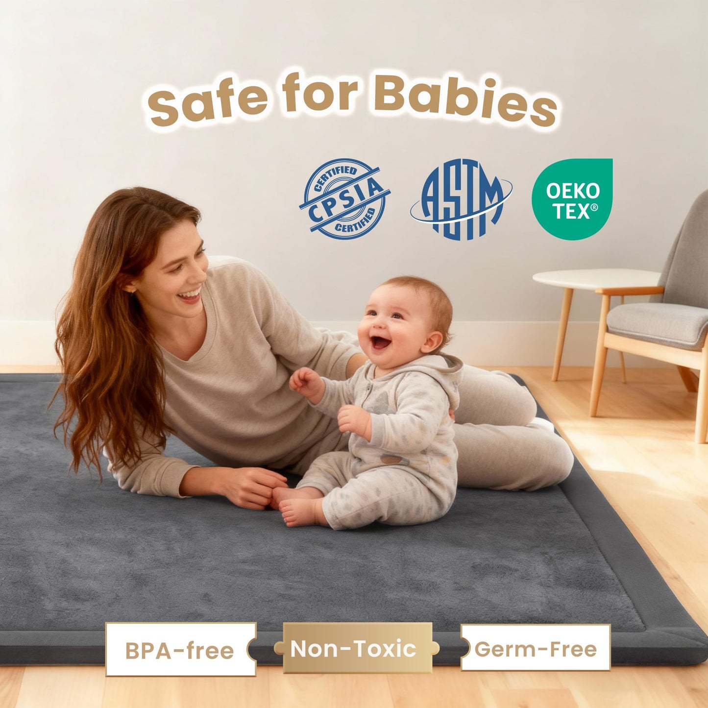 ACOMOPACK Baby Play Mat for Floor,1.3" Thick Elasti-Foam 59"×71" Non-Slip Water Repellent,Non-Toxic Playpen Mat for Infants Toddlers Kids, Ultra Soft Coral Velvet for Tummy Time Crawling（Dark Grey）