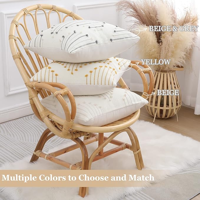 Mecatny Boho Outdoor Throw Pillow Covers 18X18 Set of 2, Farmhouse Decorative Pillow Covers for Couch Sofa Living Room, Beige & Grey