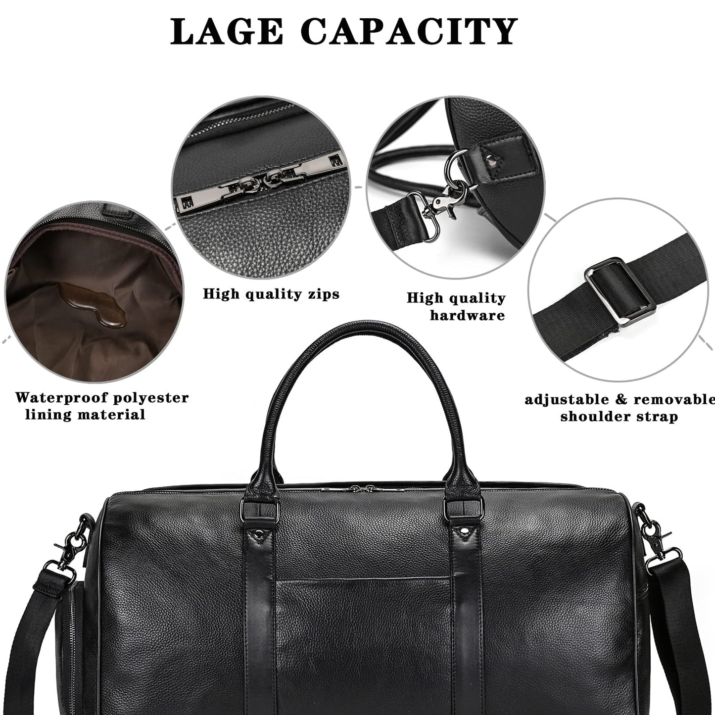 Genuine Leather Travel Duffel Bags for Men and Women Overnight Weekend Leather Bags Sports Gym Duffle, 9428 Black