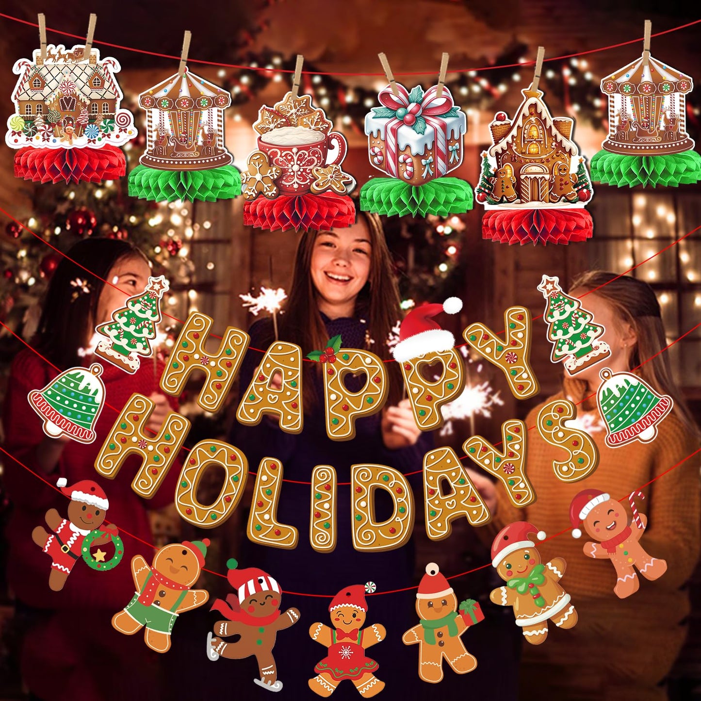 Happy Holidays Banner and Decorations - Gingerbread Christmas Banner and Decorations for Holidays