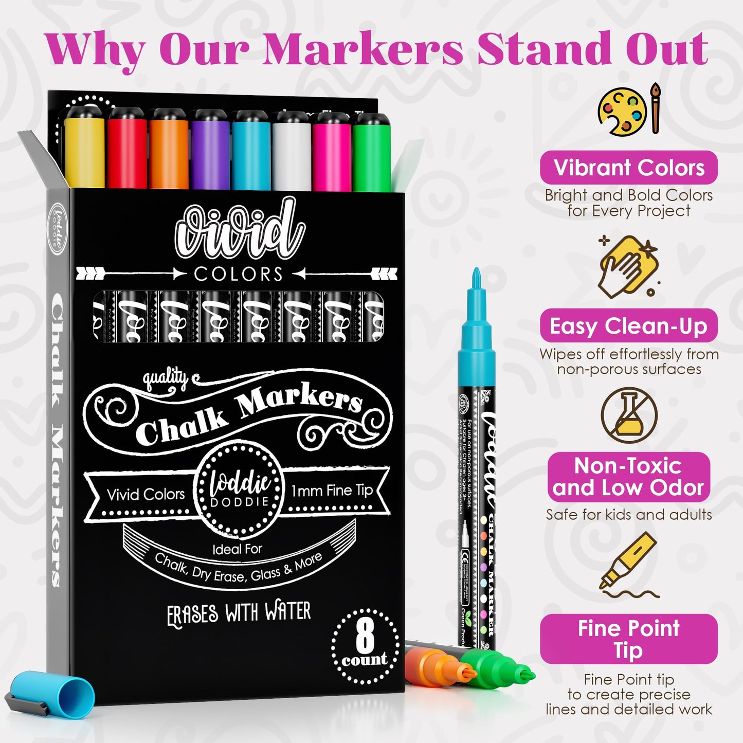 Loddie Doddie Fine Tip Liquid Chalk Markers - Pack of 8, 1mm Tip - Precision Chalk Pens for Chalkboard Calendar - Quick-Wipe Washable Glass Dry Erase Pens - Vibrant Neon Car Window Markers