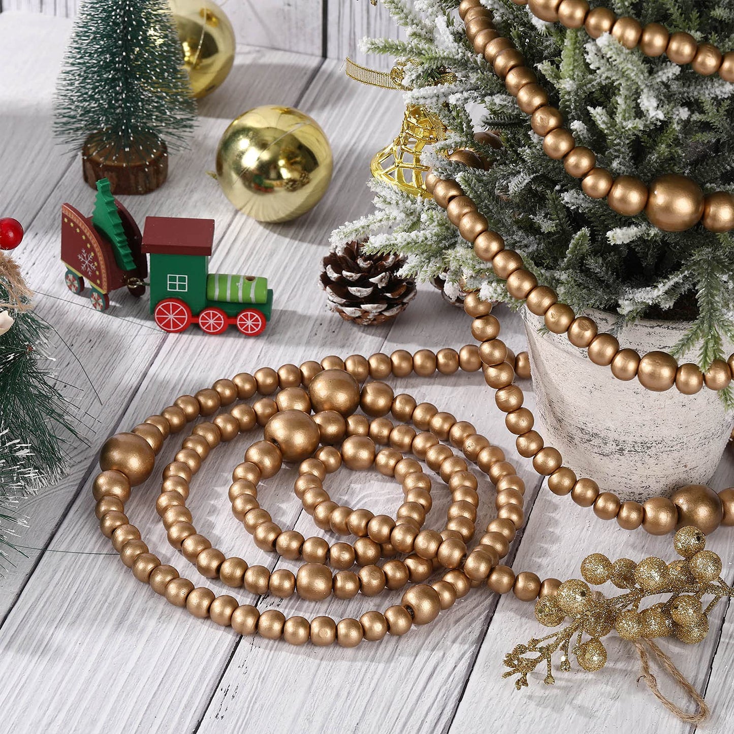 12 Feet Summer Christmas Wooden Beads Garland Round Craft Farmhouse Vintage Christmas in July Wood Bead Garlands for Xmas Supplies(Gold)